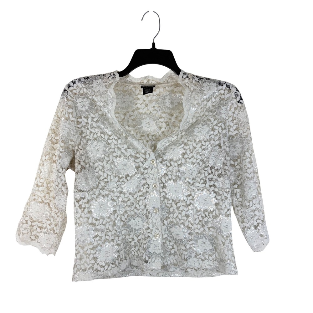 Vintage Y2K Willi Smith White Sheer Floral Lace Cardigan Blouse Top Coquette L